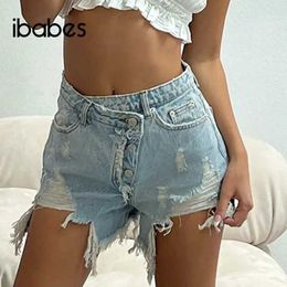 Women's Shorts Distressed Irregular Button Stretch Jeans 2023 New Fashion Trend Womens Strt Casual Chic Ripped Hole Shorts Trousers Oversize Y240425