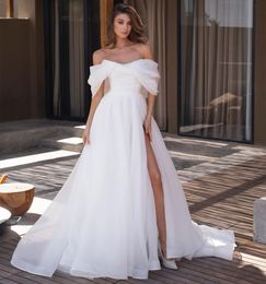 Vintage Long Organza pärlstav bröllopsklänningar med slits a-line av axel vestido de novia dragkedja bakre brudklänningar för kvinnor