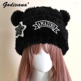 Berets Japanese Style Winter Sweet Cute Animal Ear Lambswool Cap Girl Y2k Sub-Culture Black Cool Warm Knitting Hats For Women