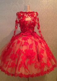 Red Ball Gown Short Wedding Dresses Formal With Applique Tea Length Long Sleeve Wed Dress Church Lace Western Style Chic Wedding D9794484