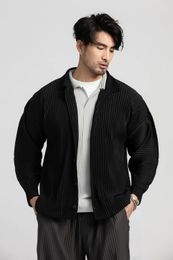 Miyake Pleated Shirt Lapel Shirt Black Long Sleeve T Shirt For Men Casual Coat Japanese Streetwear Men Cardigan Button Up Shirt 240419