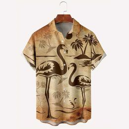 Men's Casual Shirts Mens Hawaiian Shirts Beach Flamingo Palm Tree 3d Printed Short Sleeve Aloha Shirts Oversized Casual Loose Tops For Summer 240424