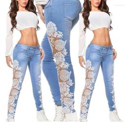 Women's Jeans 2024 Women White Lace Patchwork Sexy Denim Trousers Skinny Pencil Pants Stretch Washed S-XXL