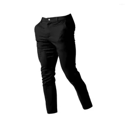 Men's Pants Solid Color Slim Fit Business Formal With Elastic Waist Button Closure Pockets Soft Breathable