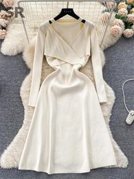Casual Dresses SINGREINY Irregular Knit Midi Dress Women Elegant Hollow Out Design Long Sleeve French Ladies Winter Warm Sweater