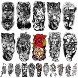 Tattoo Transfer for Women Men Large Tribal Lion Warrior Tiger Wolf Temporary Tattoos Tattoo Sleeve Black Tattoo Sticker Fake Tattoo Stickers 240427