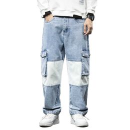 New designer Fashion Streetwear Men Loose Fit Jeans Patchwork Spliced Designer Denim Cargo Pants Big Pocket Wide Leg Trousers Hip Hop Joggers