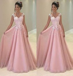 Cheap Baby Pink 2021 Prom Dresses Appliques Lace A Line Tulle Long Dresses Party Evening Formal Cocktail Party Dress3679459