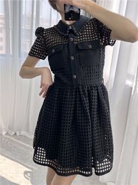Self Portrait Summer Pure Colour Panelled Double Pockets Dress Black Short Sleeve Lapel Neck Single-Breasted Casual Dresses G4A2315