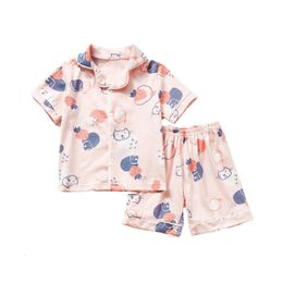 Children Cotton Pajamas Summer Cartoon Printed 2 Pieces Set Short Sleeve Top with Shorts Toddler Baby Boy Girls Sleepwear Sets 240418