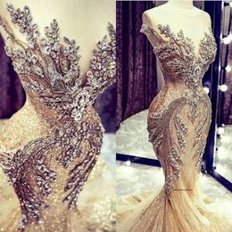 New Gold Evening Dresses Lace Crystal Beads Sequin Sweep Train Formal Bridal Pageant Prom Gowns Custom Made