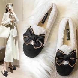 Casual Shoes Luxury Bow-knot Lambswool Moccasins Winter Women Thick Soled Fleeces Loafers Mixed Colours Fur Flats Woman Plus Size 35-43