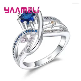 Cluster Rings Shining Original 925 Sterling Silver Promise For Women Blue CZ Crystal Wedding Engagement Gift Luxury Bijoux