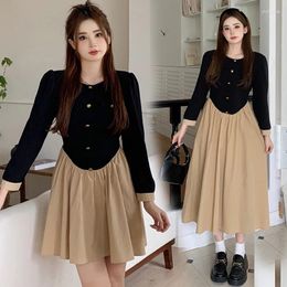 Casual Dresses Fall 2024 French Single-Breasted Contrast Colour Slim Fit Dress Puff Sleeve Pleated Waist Tight Large Swing Line Skirt