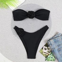 Women's Swimwear Flower Tube Top Floral Bandeau Bikini Set Stylish 3d Bra With High Waist Briefs Quick