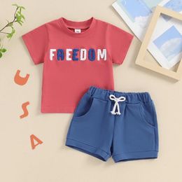 Clothing Sets Kids Baby Boys Independence Day Clothes Short Sleeve Embroidery Letters T-shirts With Elastic Waist Shorts Casual Outfits