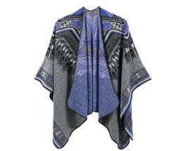 New Women Winter Ethnic Abstract Pattern Thickened Coat Cape Wrap Poncho Shawl Scarf Split Dualuse Shawl Drop2137988