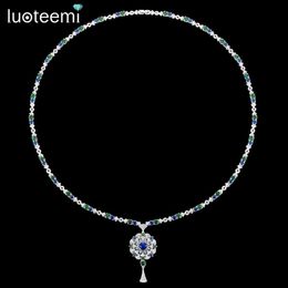 Pendant Necklaces LUOTEEMI Luxury Long Necklace AAA Cubic Zirconia Elegant Flower Sweater Necklace Fashion Jewellery Womens High Quality Q240426