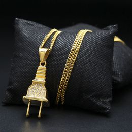 Mens Iced Out Plug Pendant Necklace Fashion Hip Hop Jewellery With 60cm Cuban Link Chain314I