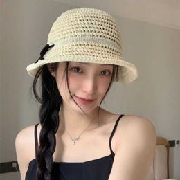 Wide Brim Hats Bucket Hats Hollow Knitted Bucket Hat Casual Crochet Bow Wide Brim Sunshade Hat Solid Colour UV Protection Fisherman Hat J240425