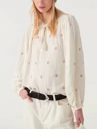 Women's Blouses Block Hollow Out Design Blouse Women Tassel Lace-up Long Lantern Sleeve V-neck Loose Female White Or Black Shirt 2024 Autumn