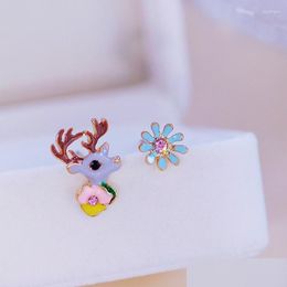 Stud Earrings Romantic Cute Korean Asymmetric Animal For Women Girls Lovely Deer Flower Rhinestones Party Jewellery Drop Delivery Otzyp