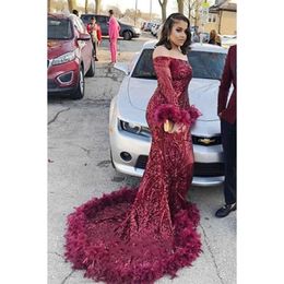 Feather Hem Sequin Sparkly Aso Ebi Prom Wine Dresses Off The Shoulder Long Sleeve Black Girls Evening Gowns Bury Glitter Mermaid Special Ocn Dress