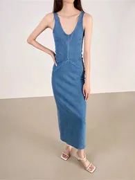 Casual Dresses Blue Women's Denim Tank Dress Sleeveless Zipper Slit Cotton Vintage 2024 Summer Ladies Midi Robes