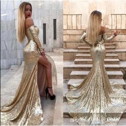 Off Shoulder Sequins The Gold Mermaid Prom Dresses Long Sleeves Split Sweep Train Formal Party Evening Gowns Bc0751