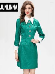 Casual Dresses JUNLINNA Women High Street Dress Spring Autumn Jacquard Vestidos Turn-down Collar Long Sleeve Elegant Party Wear