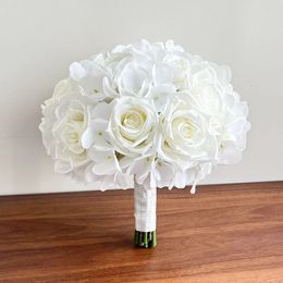 Wedding Bridal Bouquet Corsage Bridesmaids Bride Boutonniere White Hydrangea Silk Roses Marriage Accessories Artificial Flowers 240425