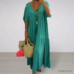 Basic Casual Dresses Women Maxi Dress Pleated V Neck Vintage Short Sleeves Patchwork Loose Hem Soft Solid Color Lady Summer Dress