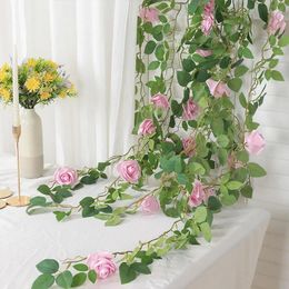 Decorative Flowers 1PCS 165CM Simulated Large Rose Vine Indoor Wall Mounted Pipeline Ceiling Decoration Wrapped With Green Plants