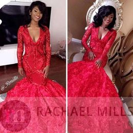 Mermaid Dresses Lace Red Prom 2019 Black Girls Long Sleeves V Neck 3D Floral Sweep Train Formal Party Wear Gowns Bc1433