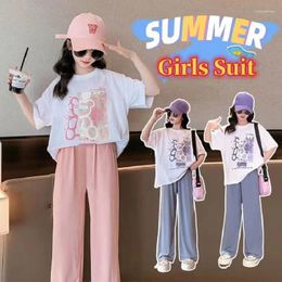 Clothing Sets Summer Girls Cotton Cartoon Printed T-Shirt Tops Lightweight Ice Silk Pant School Kids 2PCS Tracksuit Child Outfits 5-16 Yr