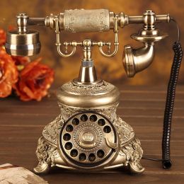 Accessories Antique Golden Corded Telephone Retro Vintage Rotary Dial Desk Telephone Phone with Redial Handsfree Home Office Decoration