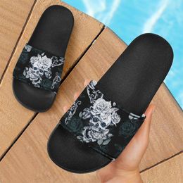 Slippers ELVISWORDS Gothic Rose Skull Women Girls Kids Outdoor Sandals Non-slip Bathroom Black Flats Zapatos