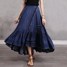 Skirts Johnature Women Denim Skirt Irregular Edge Elastic Waist Vintage Clothing 2024 Summer Elegant Solid Color Loose