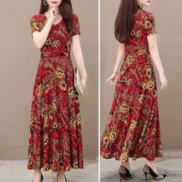 Basic Casual Dresses Women Maxi Dress V Neck Flower Print Short Sleeve Ankle Length Loose Dress-up Vintage Pullover Summer Dress Women Clothes