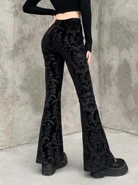 Women's Pants 2024 Retro Gothic Print Black High Waist Flared Aesthetic Punk Women Trousers Y2k