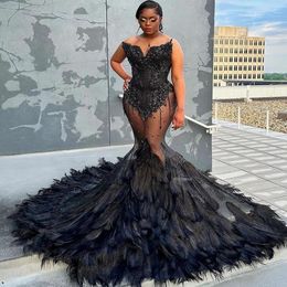 2024 Aso Ebi Black Mermaid Prom Dress Crystals Beaded Feather Evening Formal Party Second Reception 50th Birthday Engagement Gowns Dresses Robe De Soiree ZJ332