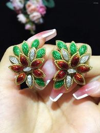 Backs Earrings Antique Jewelry Colour Enamels Clip Earring Leaf 18K Gold 33 25MM Fine Women