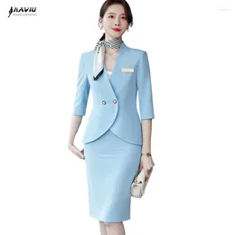 Two Piece Dress Arrival Elegant Ladies Formal Skirt Suits Women Blue Pink Half Sleeve Female Blazer Set For Business Work Wear