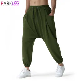 Pants Army Green Baggy Genie Boho Yoga Harem Pants Cotton Low Drop Crotch Joggers Sweatpants Mens Casual Hippie Streetwear Trousers