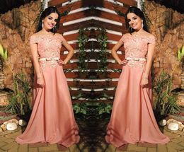 Peach A Line Chiffon Off Shoulders Prom Dresses Lace Beaded Long Sweep Train Evening Gowns With Sash Belt Cheap Formal Party Wear4607568