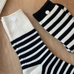 Women Socks Casual Stripe Button Mid Tube Women's College Style Double Needle Breathable Cotton Vintage Daily Sock
