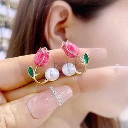 Stud Sweet Fashion Enamel Pearl Tulip Flower Stud Earrings For Women Korean Temperament Zircon Back Hanging Earring Wedding Jewelry d240426