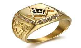 Punk 316L Stainless Steel Masonic Member Gold Colour with Pave Setting Zircon for Male Fashion Jewelry7434710