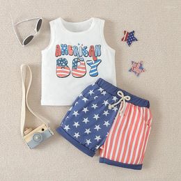 Clothing Sets 2024-03-13 Lioraitiin 0-3Y Baby Boy Memorial Day Outfits Letter Print Sleeveless Tank Tops And Elastic Star Stripe Shorts Set