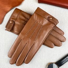 black genuine leather gloves for men winter warm touch screen driving and cycling sheepskin gloves for business